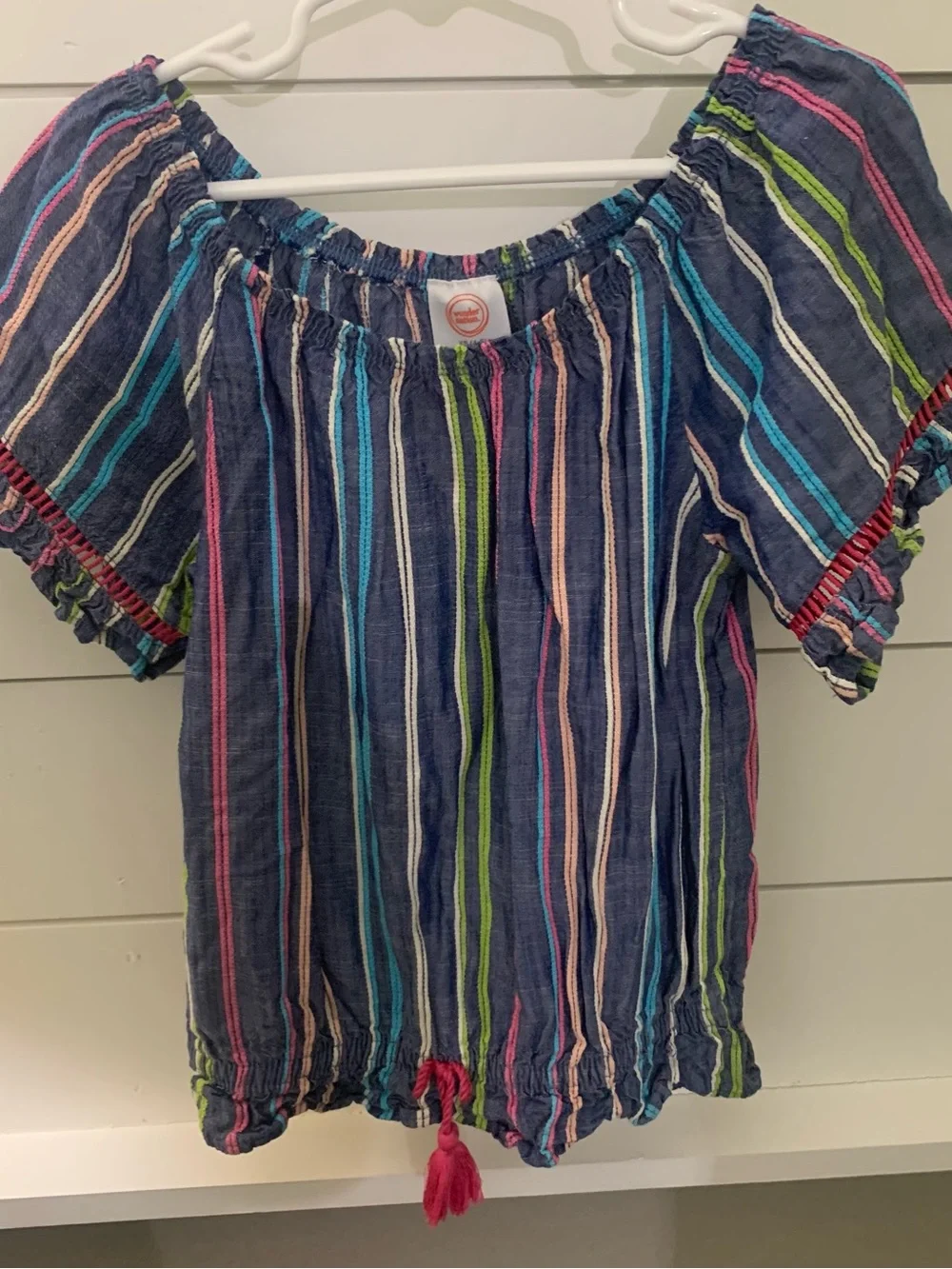Girls' Navy Multicolor Striped Off-Shoulder Top ( Sz 4-5)